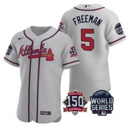 Men Atlanta Braves 5 Freddie Freeman 2021 Grey World Series With 150th Anniversary Patch Stitched Baseball Jersey