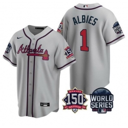 Men Atlanta Braves 1 Ozzie Albies 2021 Gray World Series With 150th Anniversary Patch Cool Base Stitched Jersey