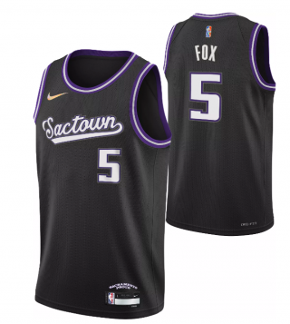 Men's Sacramento Kings #5 De'Aaron Fox 2021-2022 Black City Edition 75th Anniversary Stitched Jersey