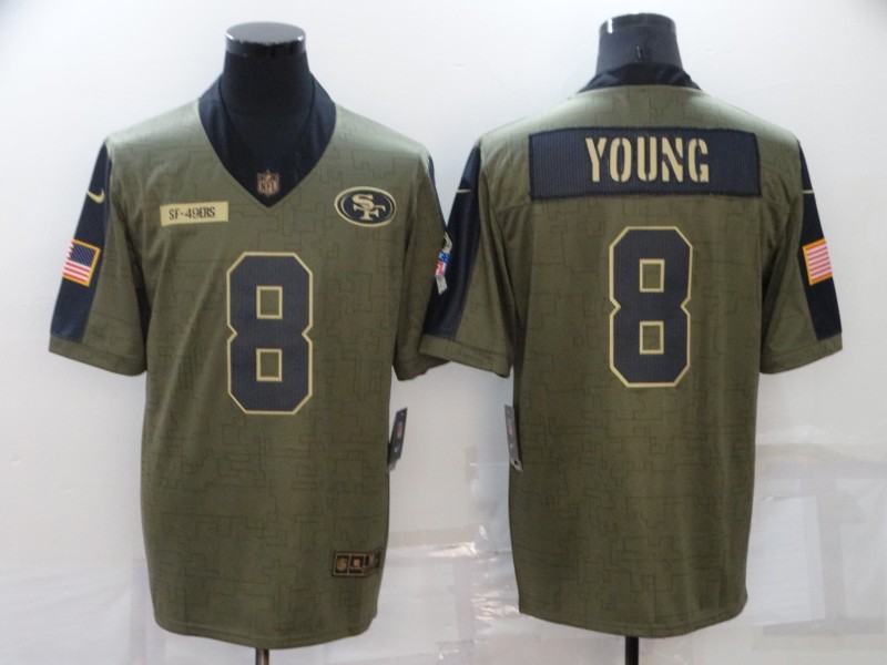 Men's San Francisco 49ers #8 Steve Young 2021 Olive Salute To Service Limited Stitched Jersey