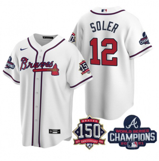Men's White Atlanta Braves #12 Jorge Soler 2021 World Series Champions With 150th Anniversary Patch Cool Base Stitched Jersey