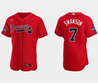 Men's Red Atlanta Braves #7 Dansby Swanson 2021 World Series Champions Flex Base Stitched Jersey