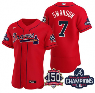Men's Red Atlanta Braves #7 Dansby Swanson 2021 World Series Champions With 150th Anniversary Flex Base Stitched Jersey
