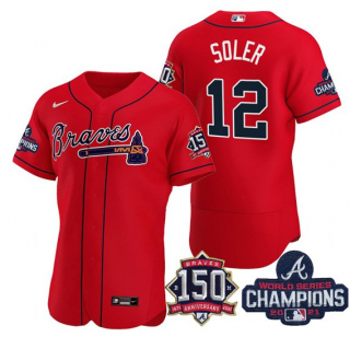 Men's Red Atlanta Braves #12 Jorge Soler 2021 World Series Champions With 150th Anniversary Flex Base Stitched Jersey