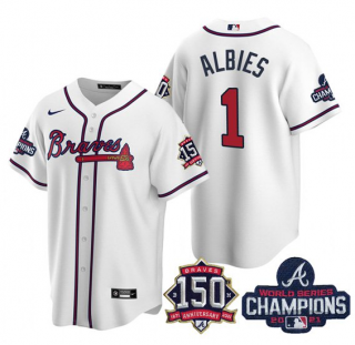 Men's White Atlanta Braves #1 Ozzie Albies 2021 World Series Champions With 150th Anniversary Patch Cool Base Stitched Jersey