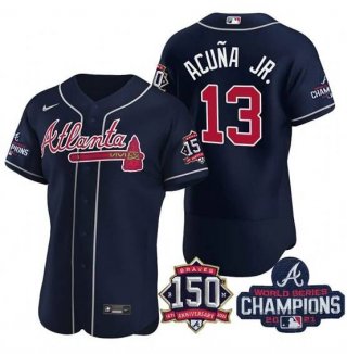 Men's Navy Atlanta Braves #13 Ronald Acuna Jr. 2021 World Series Champions With 150th Anniversary Flex Base Stitched Jersey