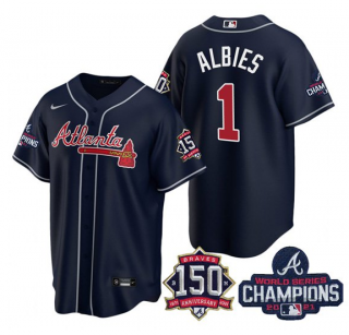 Men's Navy Atlanta Braves #1 Ozzie Albies 2021 World Series Champions With 150th Anniversary Patch Cool Base Stitched Jersey