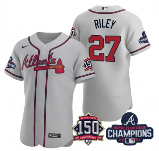 Men's Grey Atlanta Braves #27 Austin Riley Swanson 2021 World Series Champions With 150th Anniversary Flex Base Stitched Jersey