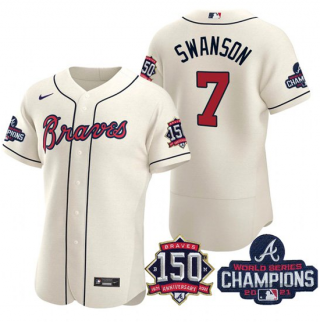 Men's Cream Atlanta Braves #7 Dansby Swanson 2021 World Series Champions With 150th Anniversary Flex Base Stitched Jersey