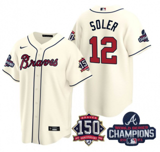 Men's Cream Atlanta Braves #12 Jorge Soler 2021 World Series Champions With 150th Anniversary Patch Cool Base Stitched Jersey
