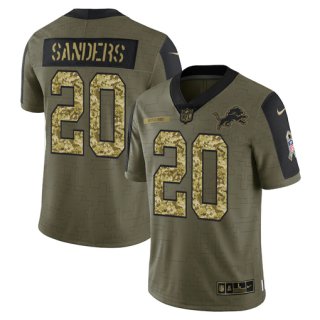 Men's Olive Detroit Lions #20 Barry Sanders 2021 Camo Salute To Service Limited Stitched Jersey