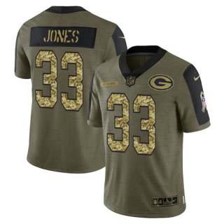 Men's Olive Green Bay Packers #33 Aaron Jones 2021 Camo Salute To Service Limited Stitched Jersey