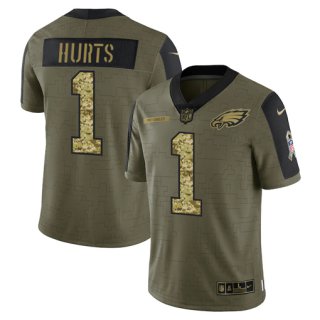 Men's Olive Philadelphia Eagles #1 Jalen Hurts 2021 Camo Salute To Service Limited Stitched Jersey
