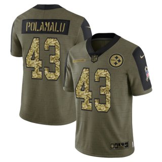 Men's Olive Pittsburgh Steelers #43 Troy Polamalu 2021 Camo Salute To Service Limited Stitched Jersey