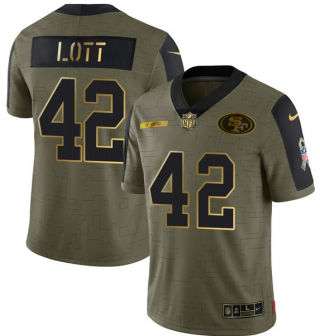 Men's Olive San Francisco 49ers #42 Ronnie Lott 2021 Camo Salute To Service Golden Limited Stitched Jersey
