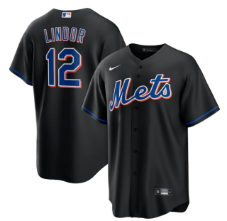 Men's New York Mets #12 Francisco Lindor Black 2022 Cool Base Stitched Baseball Jersey Men's New York Mets #12 Francisco Lindor Black 2022 Cool Base Stitched Baseball Jersey