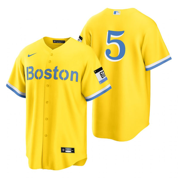 Men's Boston Red Sox #5 Kike Hernandez Yellow 2021 Nike MLB City Connect Jersey Men's Boston Red Sox #5 Kike Hernandez Yellow 2021 Nike MLB City Connect Jersey