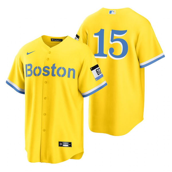 Men's Boston Red Sox #15 Dustin Pedroia Yellow 2021 Nike MLB City Connect Jersey