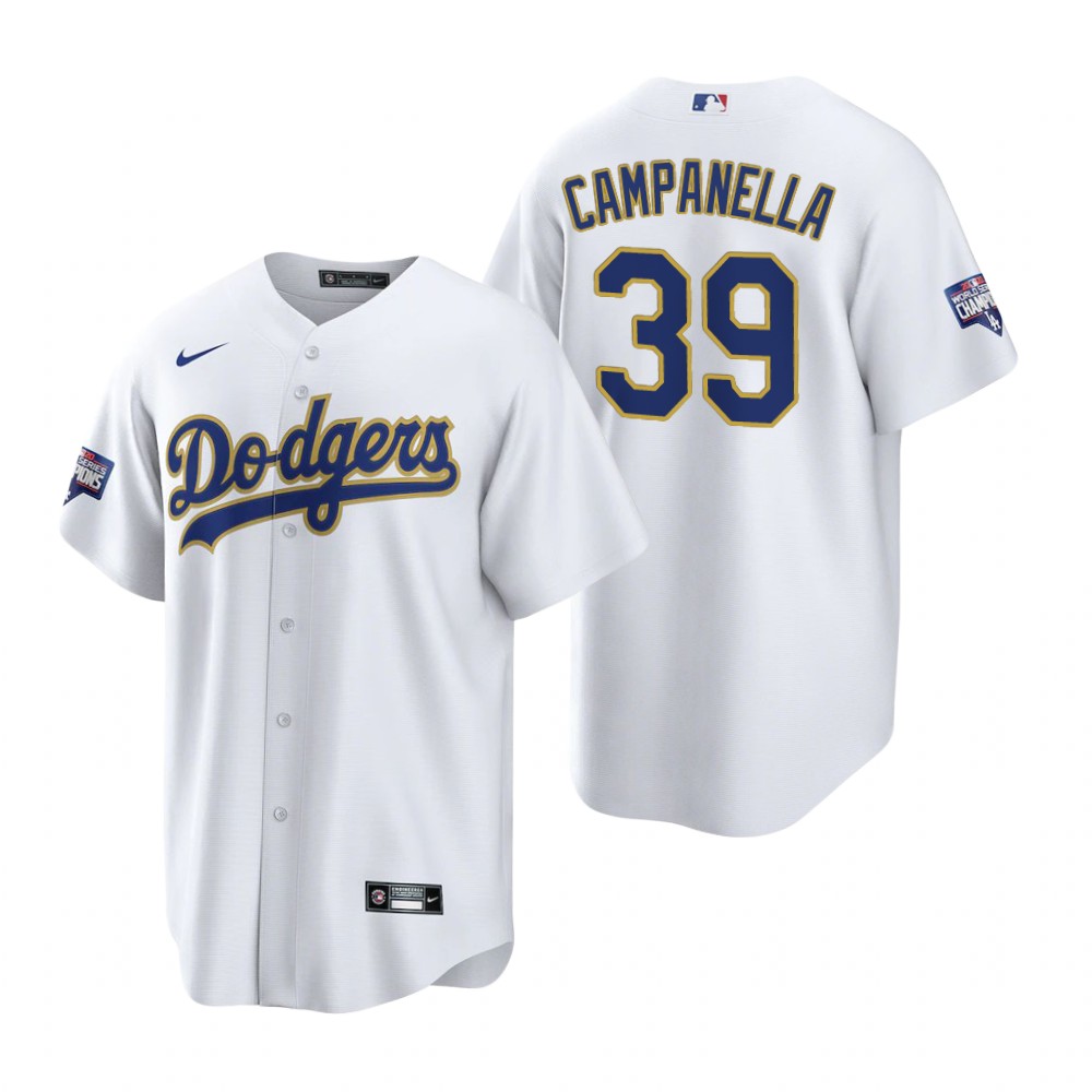 Men's Los Angeles Dodgers #39 Roy Campanella Nike White/Gold 2021 Gold Program Player Jersey Men's Los Angeles Dodgers #39 Roy Campanella Nike White/Gold 2021 Gold Program Player Jersey