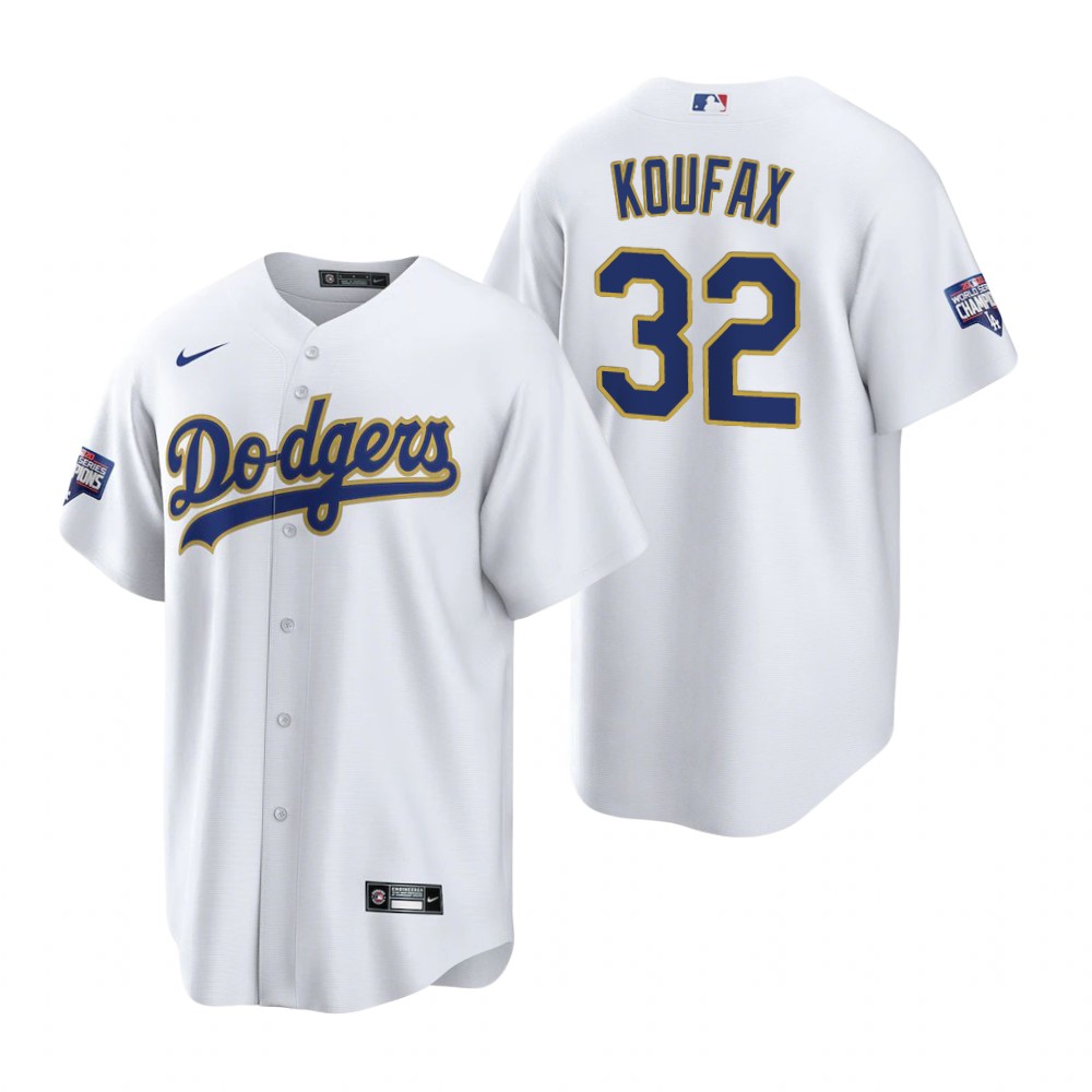 Men's Los Angeles Dodgers #32 Sandy Koufax Nike White/Gold 2021 Gold Program Player Jersey Men's Los Angeles Dodgers #32 Sandy Koufax Nike White/Gold 2021 Gold Program Player Jersey