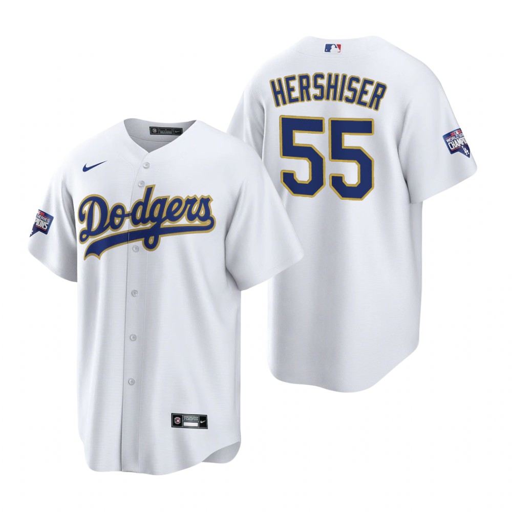 Men's Los Angeles Dodgers #55 Orel Hershiser Nike White/Gold 2021 Gold Program Player Jersey Men's Los Angeles Dodgers #55 Orel Hershiser Nike White/Gold 2021 Gold Program Player Jersey