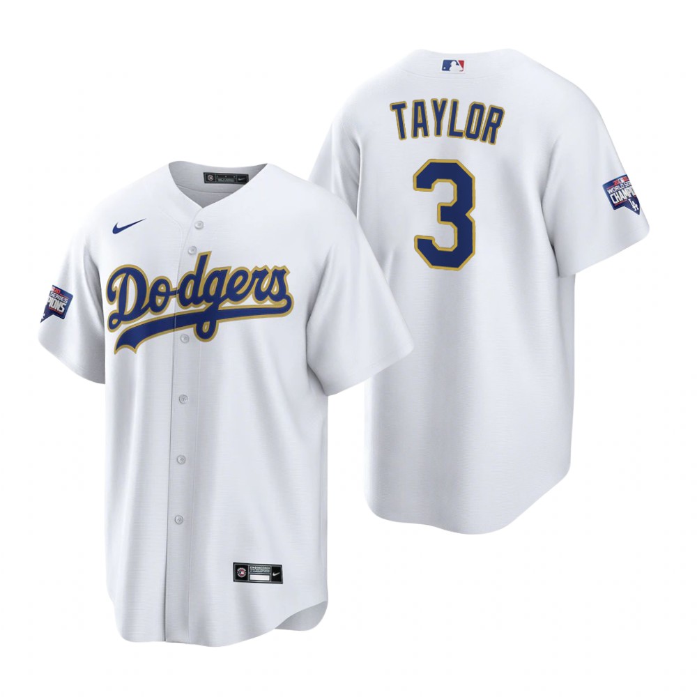 Men's Los Angeles Dodgers #3 Chris Taylor Nike White/Gold 2021 Gold Program Player Jersey