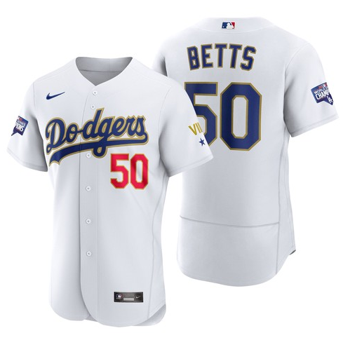 Men's Los Angeles Dodgers #50 Mookie Betts Nike White/Gold 2021 Gold Program Player Jersey
