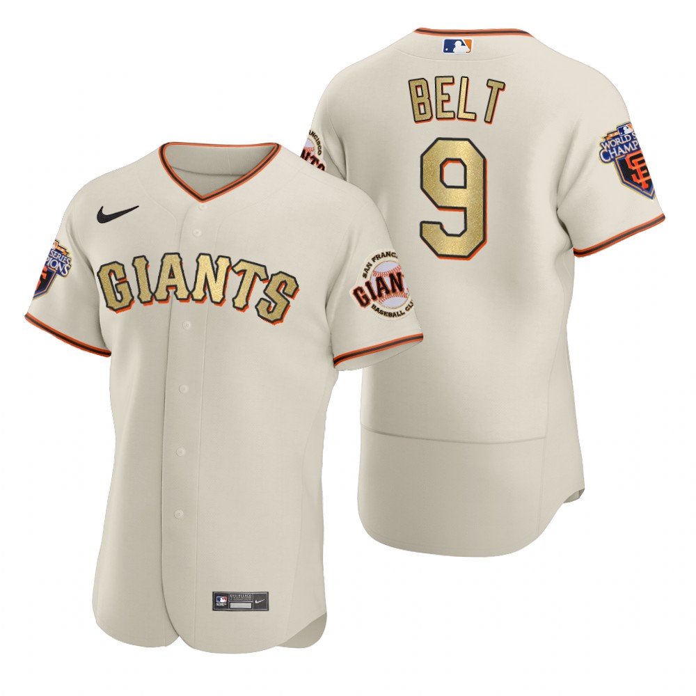 Men's San Francisco Giants #9 Brandon Belt Nike Cream Gold 2010 World Series Champions Jersey