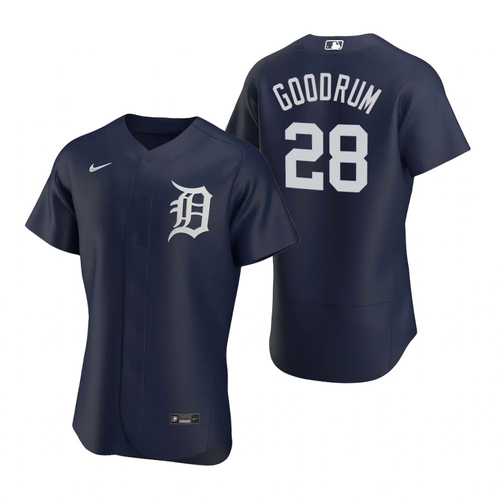 Men's Detroit Tigers #28 Niko Goodrum Nike Navy Alternate White Team Logo Flex base Jersey