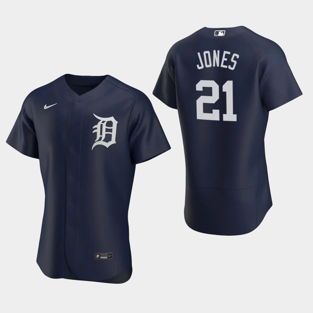 Men's Detroit Tigers #21 JaCoby Jones Nike Navy Alternate White Team Logo Flex base Jersey Men's Detroit Tigers #21 JaCoby Jones Nike Navy Alternate White Team Logo Flex base Jersey