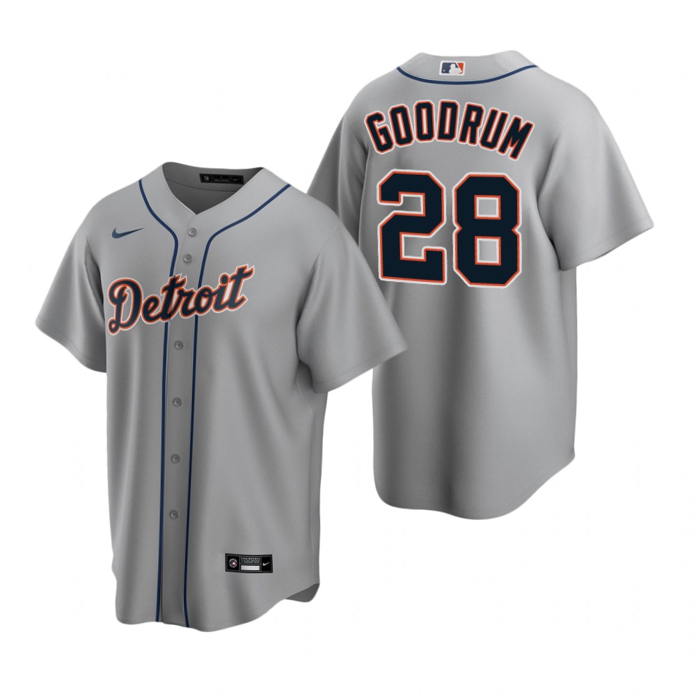 Men's Detroit Tigers #28 Niko Goodrum Nike Grey Road Cool Base Jersey