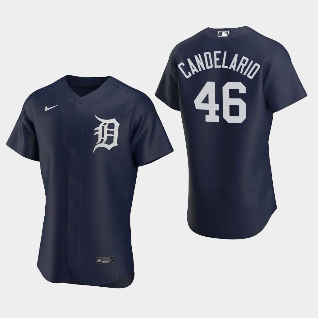 Men's Detroit Tigers #46 Jeimer Candelario Nike Navy Alternate White Team Logo Flex base Jersey Men's Detroit Tigers #46 Jeimer Candelario Nike Navy Alternate White Team Logo Flex base Jersey