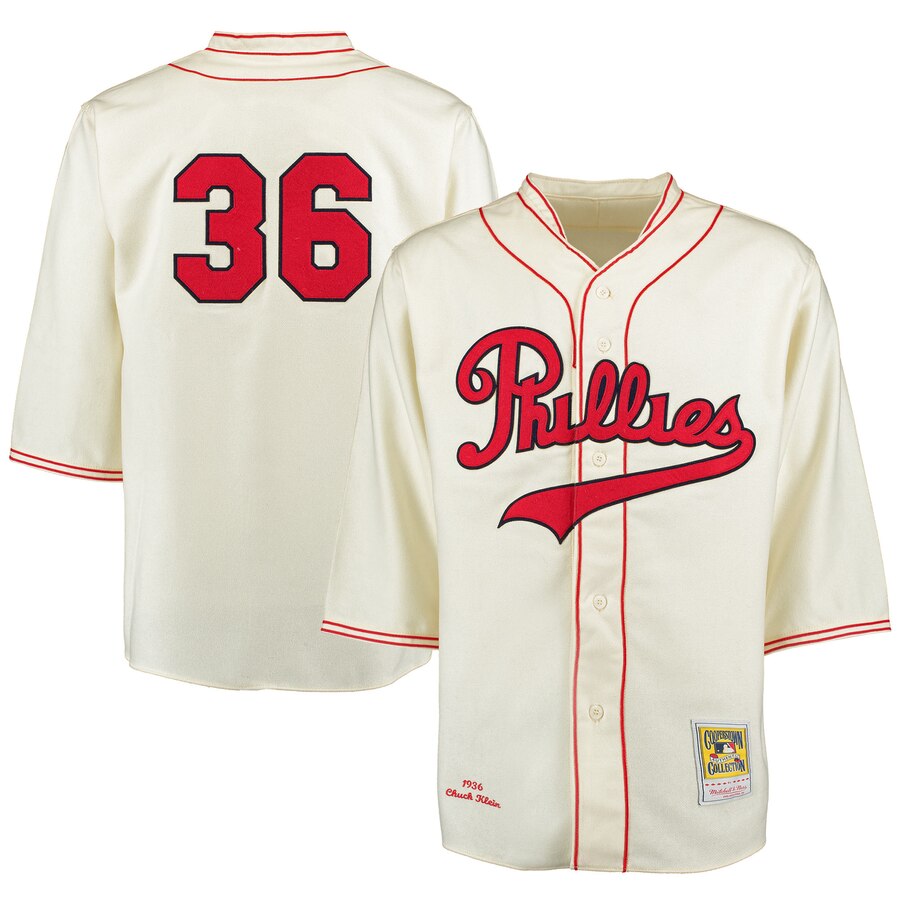 Men's 1936 Philadelphia Phillies #36 Chuck Klein Mitchell & Ness Cream Throwback Baseball Jersey Men's 1936 Philadelphia Phillies #36 Chuck Klein Mitchell & Ness Cream Throwback Baseball Jersey
