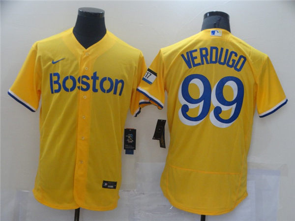 Men's Boston Red Sox #99 Alex Verdugo Yellow With Name 2021 Nike MLB City Connect Jersey Men's Boston Red Sox #99 Alex Verdugo Yellow With Name 2021 Nike MLB City Connect Jersey