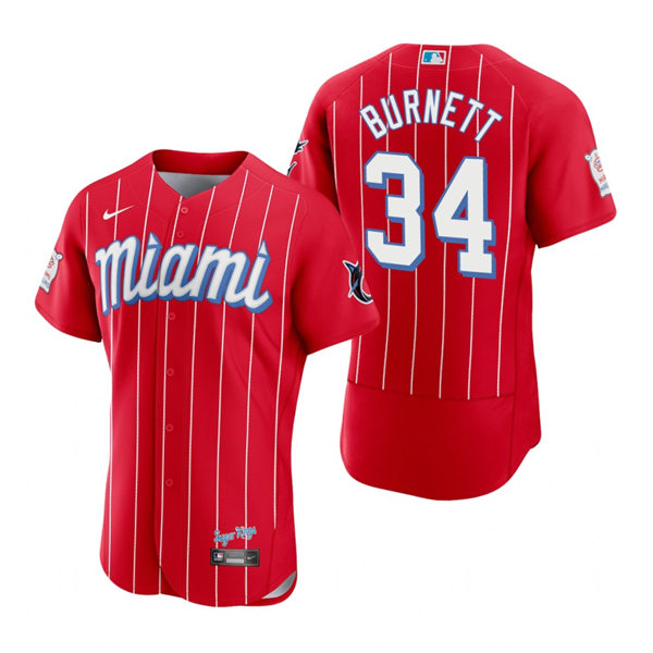 Men's Miami Marlins Retired Player #34 A.J. Burnett Nike Red 2021 MLB City Connect Jersey