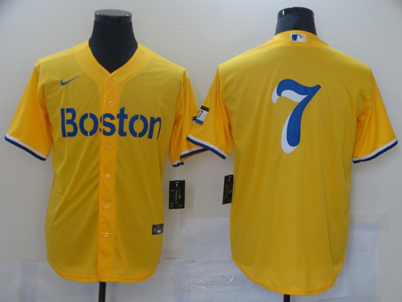 Men's Boston Red Sox #7 Christian Vazquez Yellow 2021 Nike MLB City Connect Jersey Men's Boston Red Sox #7 Christian Vazquez Yellow 2021 Nike MLB City Connect Jersey