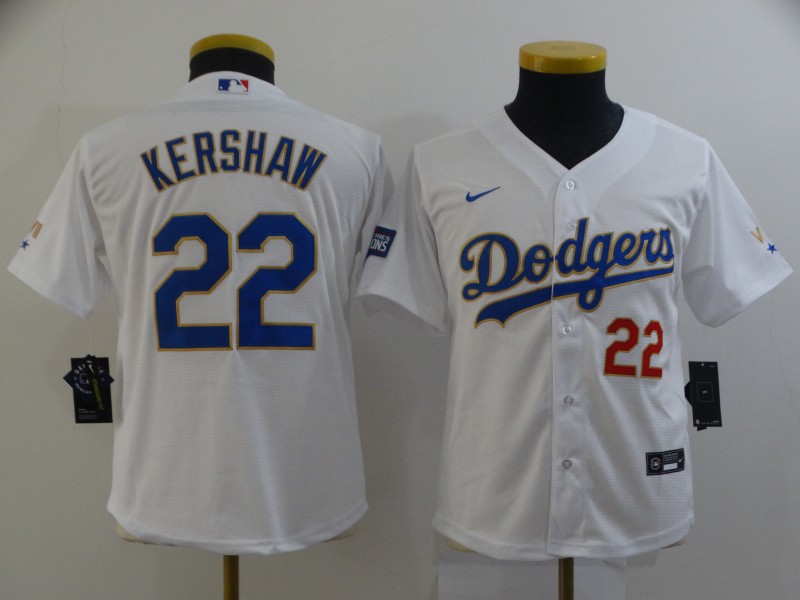 Women's Los Angeles Dodgers #22 Clayton Kershaw Nike 2021 White Gold Championship Program Jersey