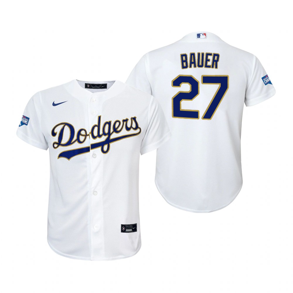 Youth Los Angeles Dodgers #27 Trevor Bauer Nike 2021 White Gold Championship Program Jersey