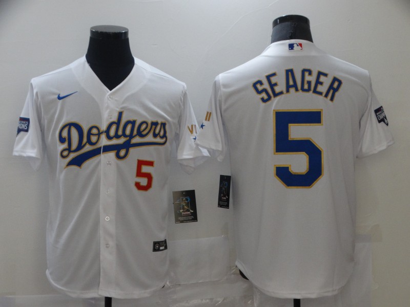 Youth Los Angeles Dodgers #5 Corey Seager Nike 2021 White Gold Championship Program Jersey Youth Los Angeles Dodgers #5 Corey Seager Nike 2021 White Gold Championship Program Jersey