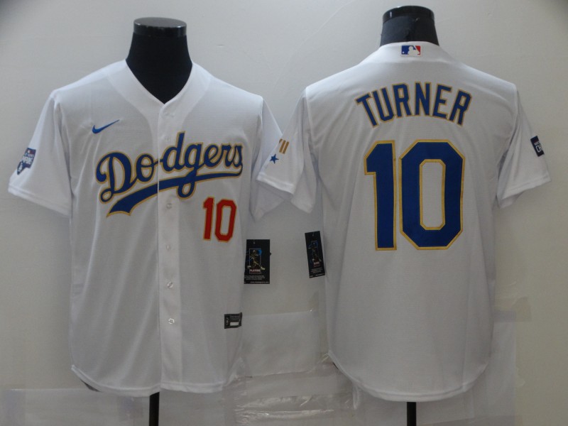 Youth Los Angeles Dodgers #10 Justin Turner Nike 2021 White Gold Championship Program Jersey