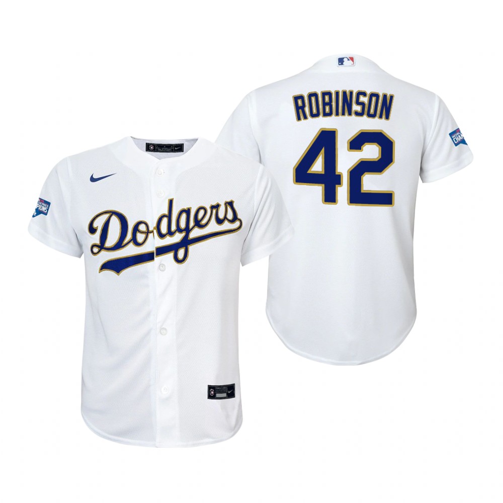 Youth Los Angeles Dodgers Retired Player #42 Jackie Robinson Nike 2021 White Gold Championship Program Jersey