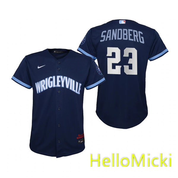 Youth Chicago Cubs #23 Ryne Sandberg Nike Navy 2021 City Connect Jersey