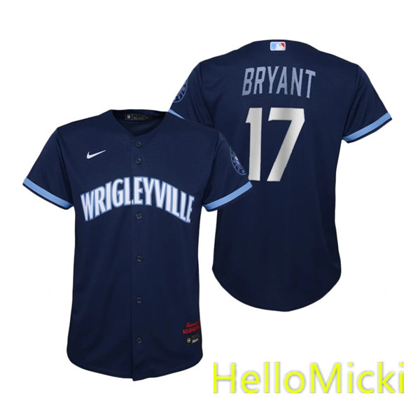 Youth Chicago Cubs #17 Kris Bryant Nike Navy 2021 City Connect Jersey