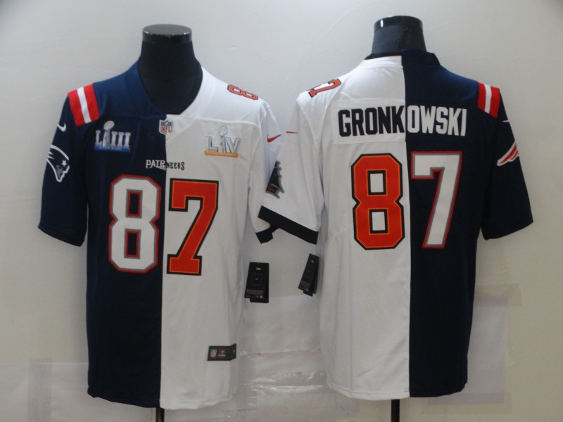 Men's Tampa Bay Buccaneers Mix New England Patriots #87 Rob Gronkowski Navy White Super Bowl LV Champions Nike Split Vapor Limited Jersey