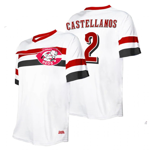 Mens Cincinnati Reds #2 Nick Castellanos White Cooperstown Collection V-Neck Jersey
