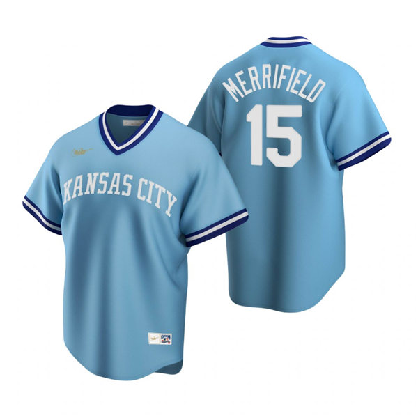 Men's Kansas City Royals #15 Whit Merrifield Nike Light Blue Cooperstown Collection Road Jersey
