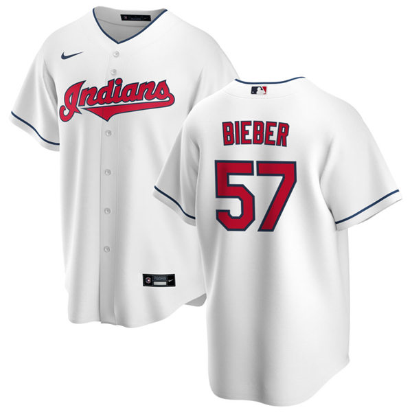 Mens Cleveland Indians #57 Shane Bieber Nike Home White Cool Base Jersey