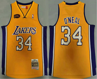 Men's Los Angeles Lakers #34 Shaquille O'neal Yellow Finals Patch 2000-01 Hardwood Classics Soul Swingman Throwback Jersey