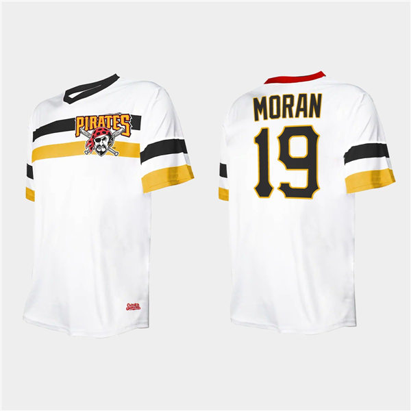 Mens Pittsburgh Pirates #19 Colin Moran Stitches White V-Neck Cooperstown Collection Jersey