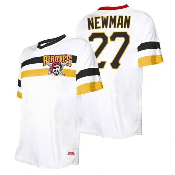Mens Pittsburgh Pirates #27 Kevin Newman Stitches White V-Neck Cooperstown Collection Jersey
